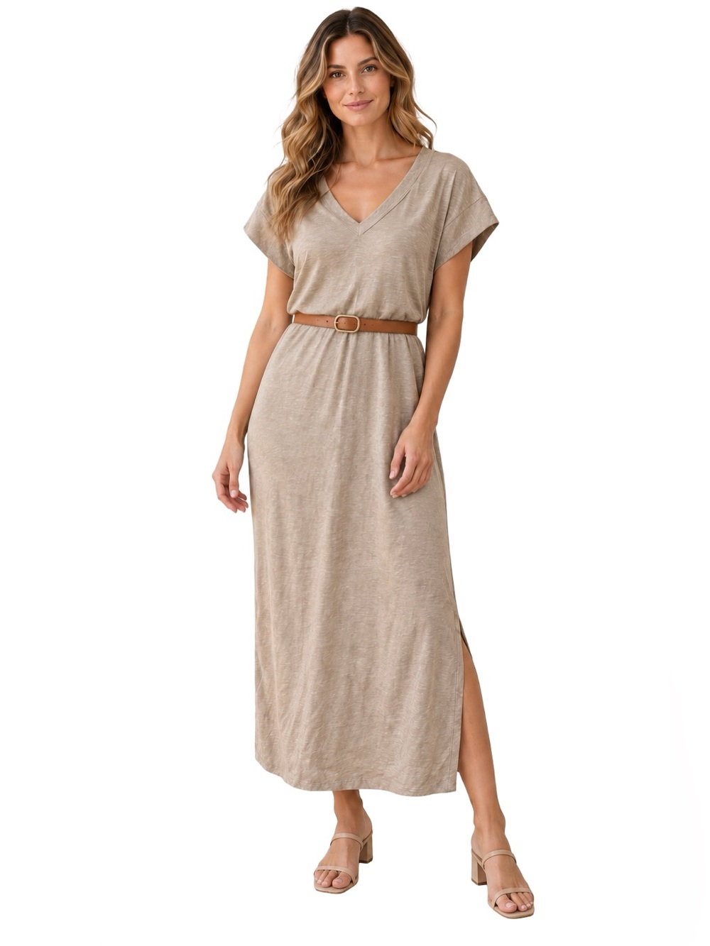 NWT WHBM V-Neck Slub Midi Dress Heather Biscotti Gold Shimmer Size Small